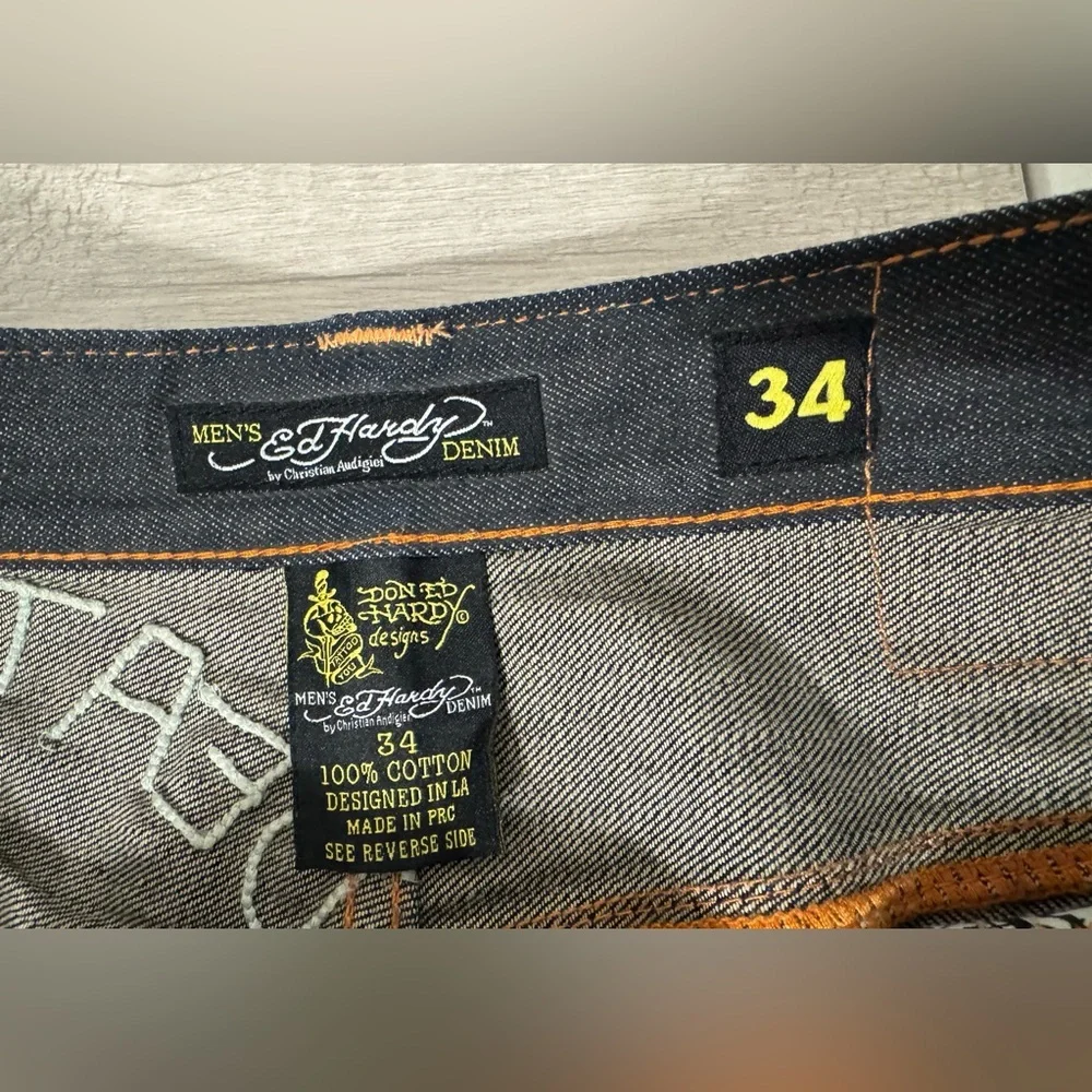 Ed Hardy Death or Glory Skull Denim Shorts Jorts Dark Wash Tattoo Graphic Y2K 34
